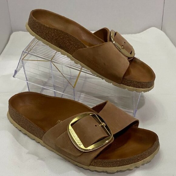 Birkenstock Madrid Big Buckle Slide Sandals Brown Leather Gold Buckle 39
